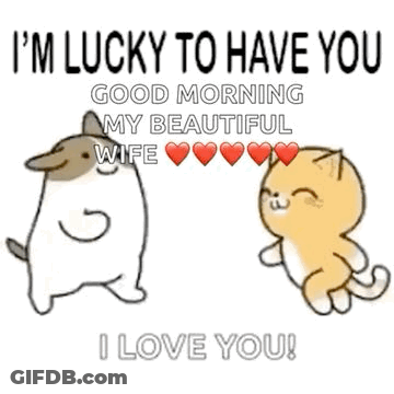 A Dog And A Cat Are Dancing And Saying `` I 'M Lucky To Have You Good Morning My Beautiful Wife '' . GIF
