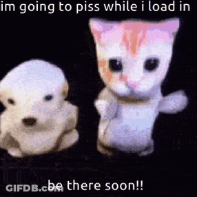A Dog And A Cat Are Standing Next To Each Other With The Words `` Im Going To Piss While I Load In '' . GIF