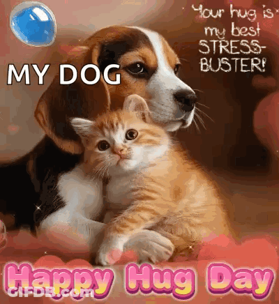 A Dog And A Kitten Are Hugging Each Other On A Happy Hug Day Card . GIF