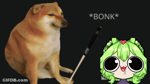 A Dog Holding A Baseball Bat Next To A Cartoon Girl With Green Hair That Says * Bonk * GIF