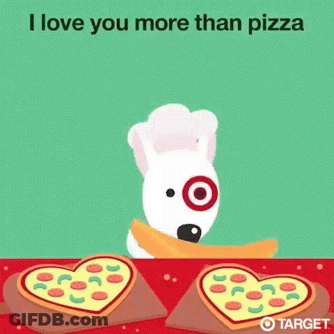 A Dog In A Chef 'S Hat Is Standing Next To A Table With Two Pizzas In The Shape Of Hearts . GIF