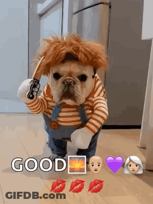 A Dog In A Chucky Costume Holding A Knife GIF