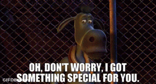 A Dog Is Behind A Chain Link Fence With The Words Oh Don T Worry I Got Something Special For You GIF