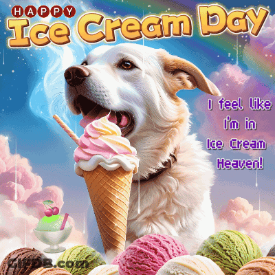 A Dog Is Eating An Ice Cream Cone With The Words Happy Ice Cream Day GIF