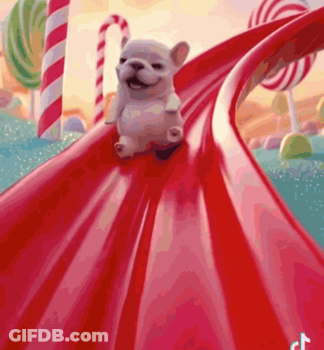 A Dog Is Going Down A Red Slide With Lollipops In The Background GIF