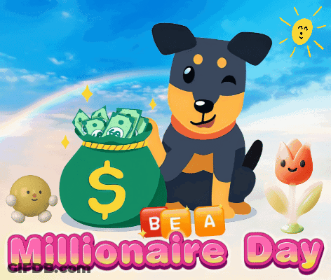 A Dog Is Holding A Bag Of Money And The Words Millionaire Day Are Below It GIF