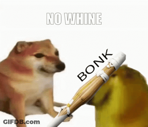 A Dog Is Holding A Bamboo Stick With The Word Bonk On It . GIF