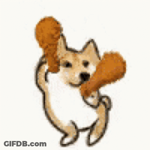 A Dog Is Holding A Fried Chicken Leg In Its Paws . GIF