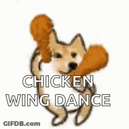 A Dog Is Holding A Fried Chicken Wing And The Words Chicken Wing Dance Are Below It GIF