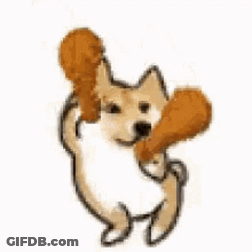 A Dog Is Holding A Piece Of Chicken In Its Mouth . GIF