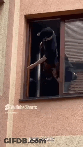 A Dog Is Jumping Out Of A Window With A Person Standing Outside . GIF