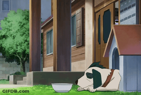 A Dog Is Laying In Front Of A House With A Bowl In Front Of It GIF