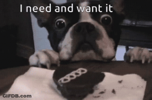 A Dog Is Looking At A Cupcake With The Words " I Need And Want It " Written Above It GIF