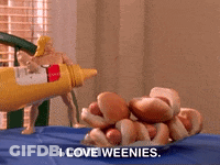 A Dog Is Pouring Mustard On A Bunch Of Hot Dogs With The Words I Love Weenies Below It GIF