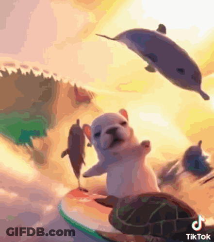 A Dog Is Riding A Surfboard Next To A Turtle And Dolphins In A Tiktok Video GIF