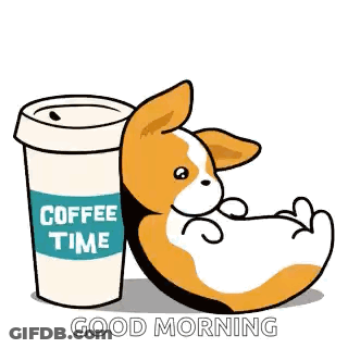 A Dog Is Sitting Next To A Cup Of Coffee . GIF