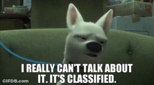 A Dog Is Sitting On A Couch With The Words " I Really Can 'T Talk About It It 'S Classified " Below It GIF