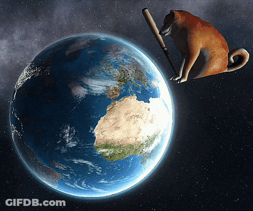 A Dog Is Sitting On Top Of The Earth With A Bat In Its Mouth GIF