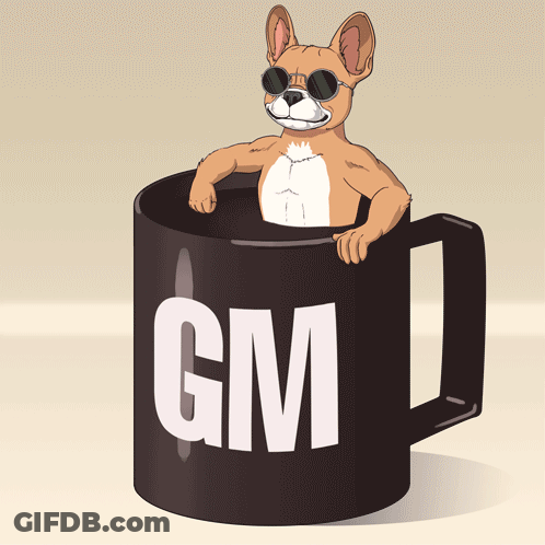 A Dog Is Sticking Its Head Out Of A Black Mug That Says Gm GIF