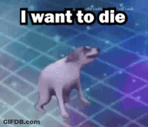 A Dog Is Walking On A Tiled Floor With The Words `` I Want To Die '' Written Above It . GIF