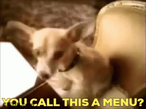 A Dog Laying On A Couch With The Words " You Call This A Menu " GIF