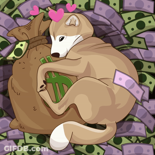 A Dog Laying On Top Of A Pile Of Money Holding A Dollar Sign GIF