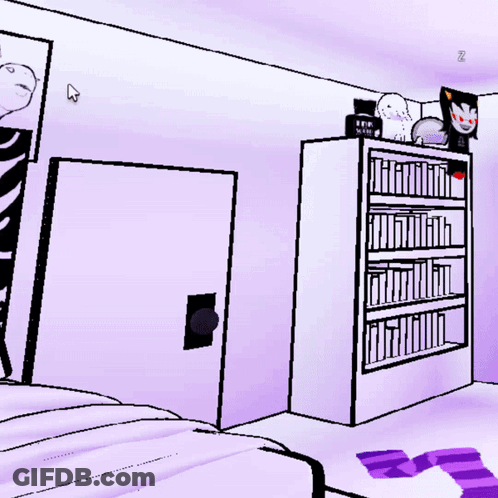 A Dog 'S Head Is Visible In Front Of A Purple Wall And A Bookshelf GIF