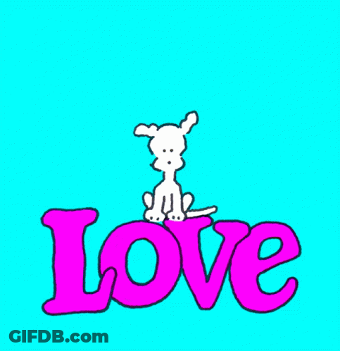 A Dog Sits On Top Of The Word Love On A Yellow Background GIF