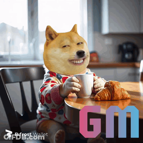 A Dog Sitting At A Table With A Cup Of Coffee And A Croissant GIF