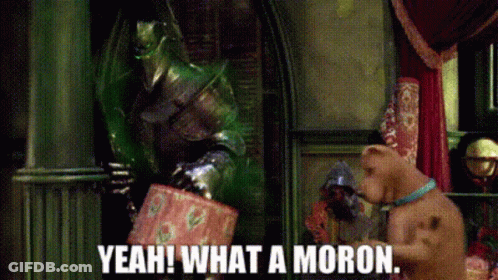 A Dog Standing Next To A Knight With The Words Yeah What A Moron GIF