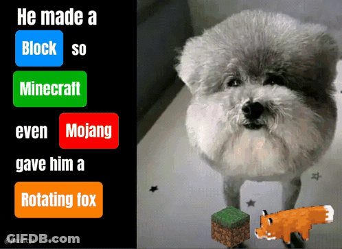 A Dog Standing Next To A Minecraft Block And A Rotating Fox GIF