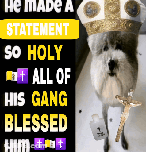 A Dog Wearing A Bishop 'S Hat Is Next To A Bottle Of Holy Water And A Cross GIF