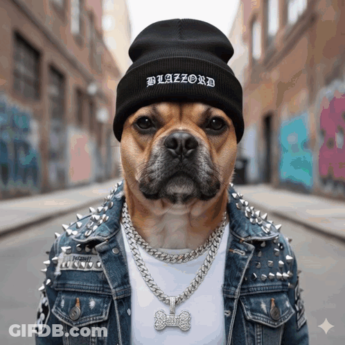 A Dog Wearing A Black Beanie With Blazzard On It GIF