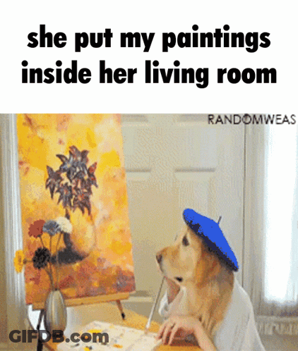 A Dog Wearing A Blue Beret Is Sitting At A Table Painting GIF