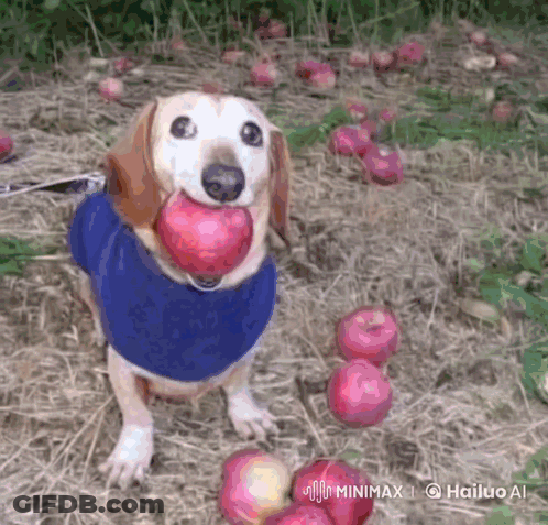 A Dog Wearing A Blue Sweater Is Holding An Apple In Its Mouth GIF