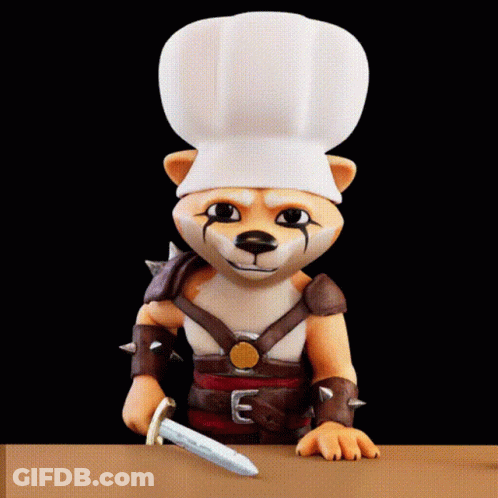 A Dog Wearing A Chef Hat And Holding A Sword GIF