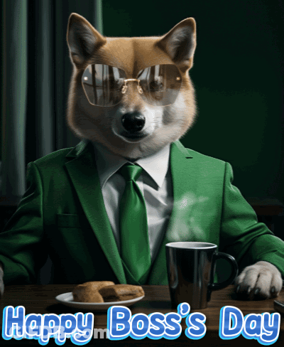 A Dog Wearing A Green Suit And Tie Is Sitting At A Table With A Cup Of Coffee And A Plate Of Cookies GIF