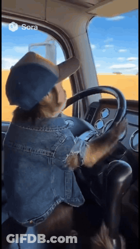 A Dog Wearing A Hat And Denim Jacket Is Driving A Truck .. GIF