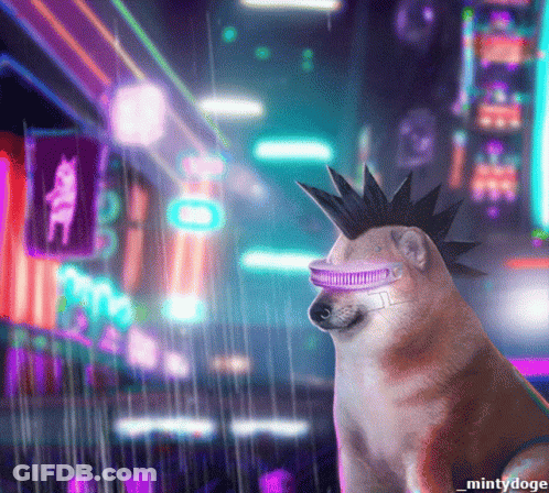 A Dog Wearing A Mohawk And Futuristic Glasses With The Name Mintydoge On The Bottom Right GIF