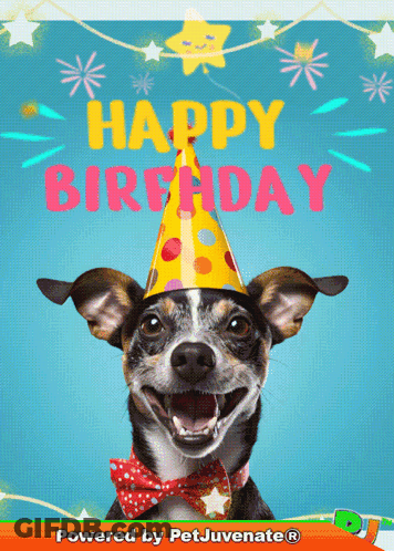 A Dog Wearing A Party Hat And A Bow Tie With The Words Happy Birthday Behind It GIF