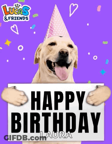 A Dog Wearing A Party Hat Is Holding A Sign That Says Happy Birthday GIF