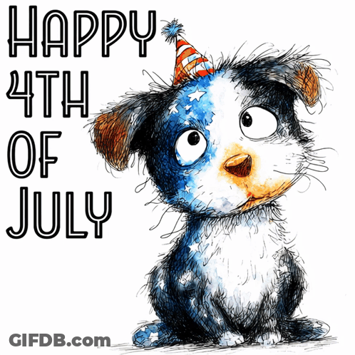 A Dog Wearing A Party Hat With The Words Happy 4Th Of July GIF