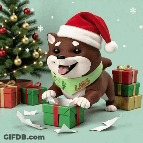 A Dog Wearing A Santa Hat And A Bandana With Lads On It GIF