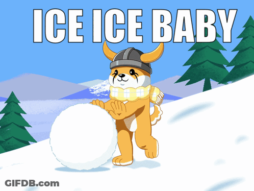 A Dog Wearing A Scarf And A Helmet Is Holding A Snowball With The Words Ice Ice Baby Above It GIF
