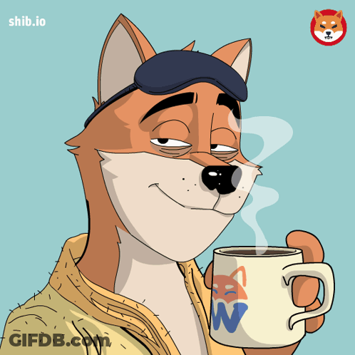 A Dog Wearing A Sleep Mask Is Holding A Cup Of Coffee With The Letter W On It GIF