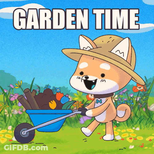 A Dog Wearing A Straw Hat Is Pushing A Wheelbarrow Full Of Flowers With The Words Garden Time Behind Him GIF