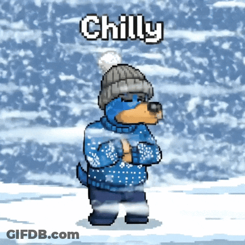 A Dog Wearing A Sweater And Hat Is Standing In The Snow With The Word Chilly Behind Him GIF