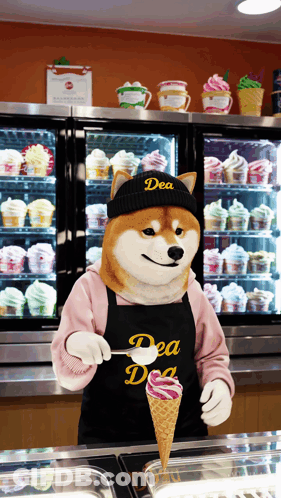 A Dog Wearing An Apron That Says Dea Dea GIF