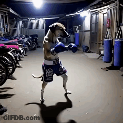 A Dog Wearing Boxing Gloves And Shorts With A Crown On The Side GIF