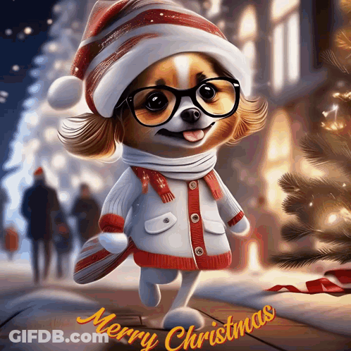 A Dog Wearing Glasses And A Santa Hat Is Standing In Front Of A Merry Christmas Tree GIF
